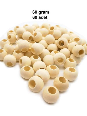 Neonova 60 gr (60 Adet) Ahşap Boncuk 15 mm Çap x 10 mm Delik Doğal Yuvarlak Ahşap Makrome El Işi Çanta