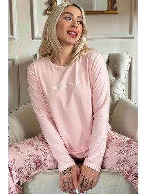 Mercan Sun Desenli Uzun Kollu Bambu Örme Kadın Pijama Takımı