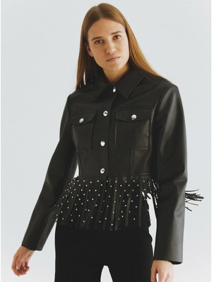 ROMAN Deri Görünümlü Püskül Detaylı  Ceket Siyah K2017501_001