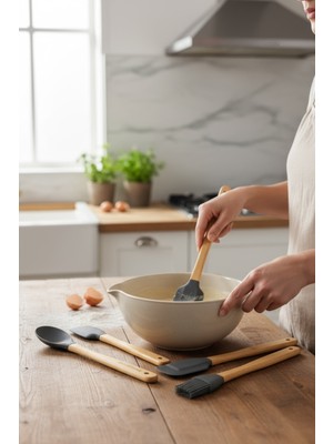 5'li Silikon Bambu Saplı Spatula Seti (Gri)