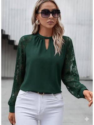 Hazego Kadın Uzun Dantel Kollu Yuvarlak Yakalı Sandy Bluz