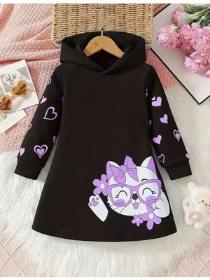 Kids Face Özel Tasarım Kapüşonlu Kediciğin Kalpleri Baskılı Şardonlu Kışlık Modern Kız Çocuk Hoodie Elbise