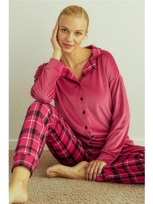 Pijama Evi Kırmızı Ekose Desenli Termal Önden Düğmeli Uzun Kollu Kadın Pijama Takımı