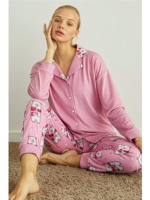 Pembe Bear Desenli Termal Önden Düğmeli Uzun Kollu Kadın Pijama Takımı