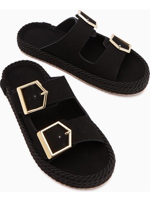 Limoya Horia Siyah Çift Bantlı Örgü Tabanlı Kadın Terlik