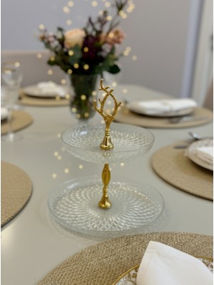 Berina Home Altın Yaldızlı, 2 katlı, Cam Kurabiye, Lokumluk, Kek, Kahve Sunum Standı – 12 ve 16 cm Şık Tasarım Misafir Sunumları Için Zarif Seçim