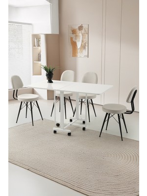 Sweet Home Masa Sandalye Katlanır Lizbon Metal Portatif Tekerlekli Masa  4 Adet Ece Sandalye Takım