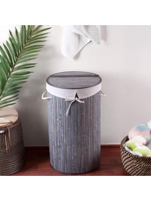 El Yapımı Hasır Katlanır Çamaşır Sepeti Yuvarlak 55 Litre (35CM*35CM*61CM), Doğal Malzemeden Üretilmiş Çamaşırlık (Gri)