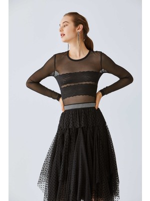 ROMAN Dantel İşlemeli Transparan  Bluz Siyah K2013169_001