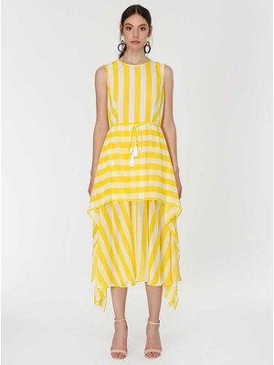 ROMAN Volanlı Çizgili Uzun Elbise Sarı Y1911109_009