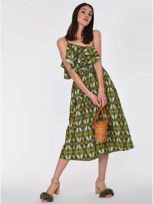 ROMAN Tek Omuz Volanlı Desenli Uzun Elbise Standart Renk Y1911088_089