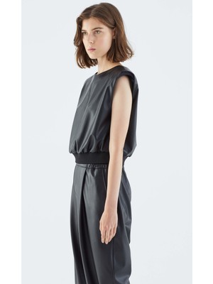 ROMAN Deri Görünümlü Vatkalı  Bluz Siyah K2113109_001