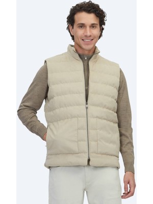 Kip Bej Regular Fit Dik Yaka Casual Dokuma Spor Yelek