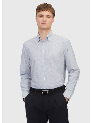 Ramsey Gri Çizgili Casual Fit Dokuma Casual %100 Pamuk Gömlek