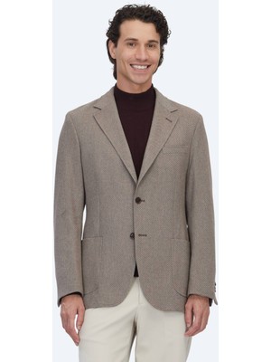 Kip Açık Kahve Desenli Modern Fit Yün Karışımlı Ceket