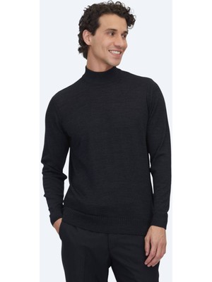 Kip Antrasit Yarım Balıkçı Yaka Jakarlı Yün Karışımlı Triko Kazak