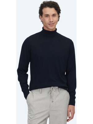 Kip Lacivert Tam Balıkçı Yaka Jakarlı Yün Karışımlı Triko Kazak