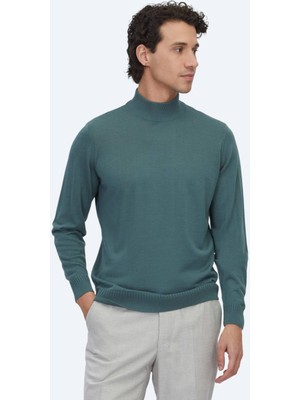 Kip Koyu Mint Yarım Balıkçı Yaka Jakarlı Yün Karışımlı Triko Kazak