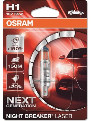 Ampul Night Breaker Laser H1 12V 55W%150'YE Kadar Fazla Işık 150M'YE Kadar Fazla Görüş Açısı,%20'ye Kadar Beyaz Işık 64150NL-01B