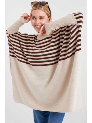 Çizgili Triko Satandart Beden Panço