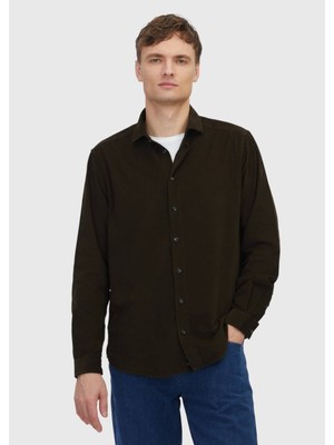 Ramsey Haki Düz Dokuma Kadife Casual %100 Pamuk Gömlek