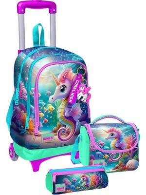 High Çekçek Tekerlekli Kız Çocuk, Su Yeşili Denizatı, Ilkokul Üçlü Okul Çanta Seti