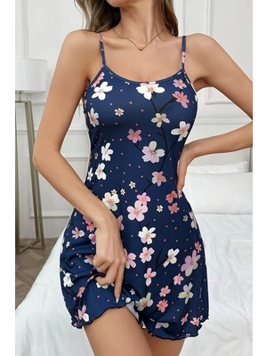 Hazego Çiçek Desenli Mavi Askılı Gecelik