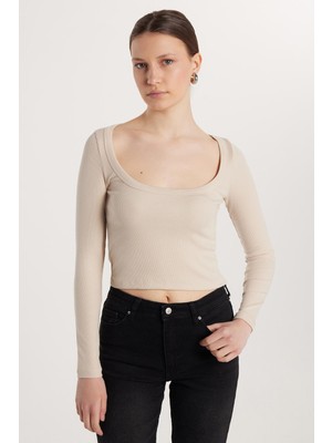 Tudors Kadın Modal Kumaş Slim Fit Dar Kesim Kare Yaka Taş Bluz