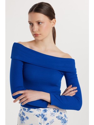 Tudors Kadın Slim Fit Modal Kumaş Düz Pamuklu Straplez Mavi Bluz