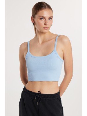 Tudors Kadın Slim Fit Kare Yaka Düz Basic Mavi Crop Atlet