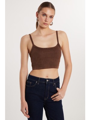 Tudors Kadın Slim Fit Kare Yaka Düz Basic Kahverengi Crop Atlet