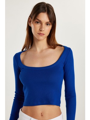 Tudors Kadın Modal Kumaş Slim Fit Dar Kesim Kare Yaka Mavi Bluz