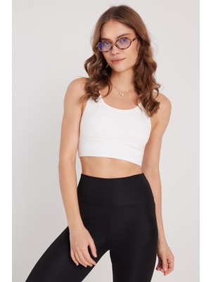 Tudors Kadın Slim Fit Dar Kesim Askılı Kare Yaka Ekru Crop