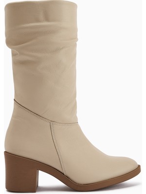 Limoya Sahara Hakiki Deri Bej Körüklü Fermuarlı Kadın Çizme