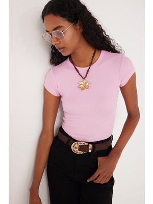 Tudors Kadın Slim Fit Dar Kesim Bisiklet Yaka Modal Kumaş Pembe Bluz
