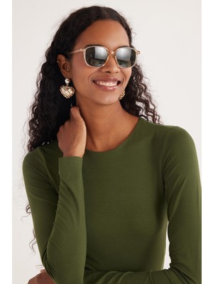 Tudors Kadın Slim Fit Dar Kesim Uzun Kollu Bisiklet Yaka Sırt Detaylı Yeşil Viskon Bluz