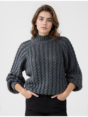 Jimmy Key Antrasit Balıkçı Yaka Saç Örgü Desenli Triko Kazak
