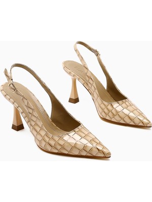 Limoya Zamira Bej Kroko Önü Kapalı Topuklu Kadın Ayakkabı