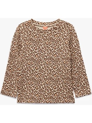 Koton  Lepoar Desenli Bisiklet Yaka Pamuklu Bej Kız Bebek Uzun Kollu T-Shirt 6WMG10046AK