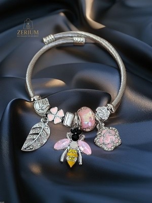 Zerium Modern  Çelik  Şık Kadın Charm Bileklik Arı ve Çiçekler