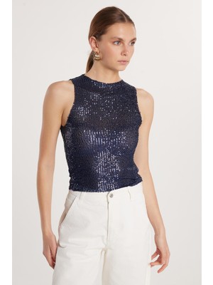 Tudors Kadın Slim Fit Dar Kesim Sıfır Kol Payetli Halter Yaka Lacivert Bluz