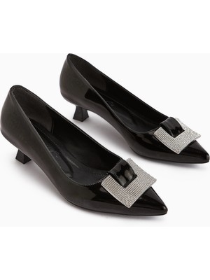 Limoya Lini Siyah Rugan Tokalı Kısa Topuklu Kadın Ayakkabı