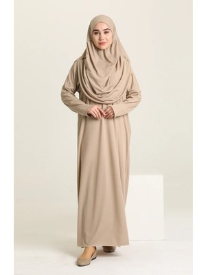 Defka Tek Parça Düz Renk Başörtülü  Kadın Namaz Elbisesi