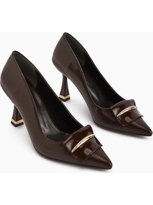 Limoya Saja Kahve Tokalı Kadın Topuklu Ayakkabı