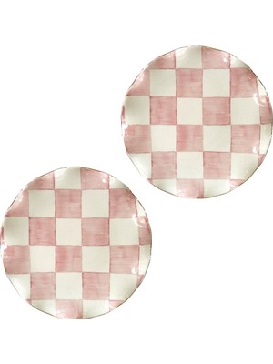 Arter Home Damalı Pembe 2'li Pasta Tabağı