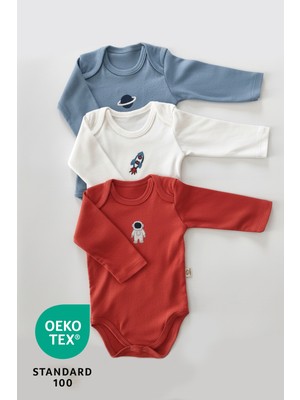 Luppinos Space 3lü %100 Pamuk Nakışlı Uzun Kol Bebek Body Set