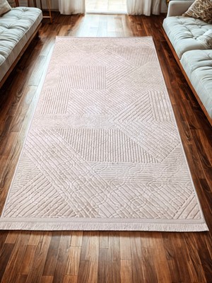 NarStore Home Krem Bej Renk Saçaklı Kaymaz Tabanlı Kesme Kabartmalı Salon Koridor Mutfak Halısı