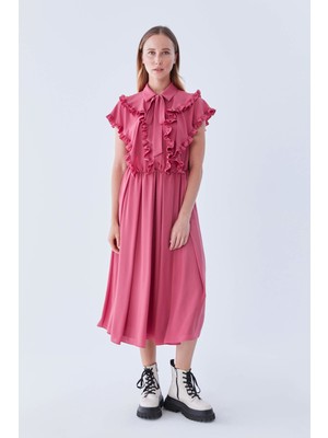 ROMAN Fırfırlı Beli Lastikli  Uzun Elbise Pembe K2111329_038
