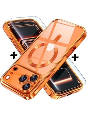 M.TK Moveteck iPhone 17 Pro Max Kılıf Magsafe Şarj Destekli Renkli Parlak Kenarlı Arkası Şeffaf Silikon + Ekran Koruyucu Cam Set 2in1