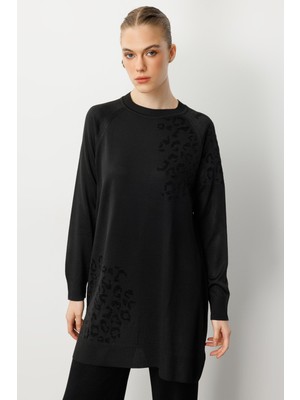 Accort Reglan Kol Leopar Desenli Triko Tunik-Siyah